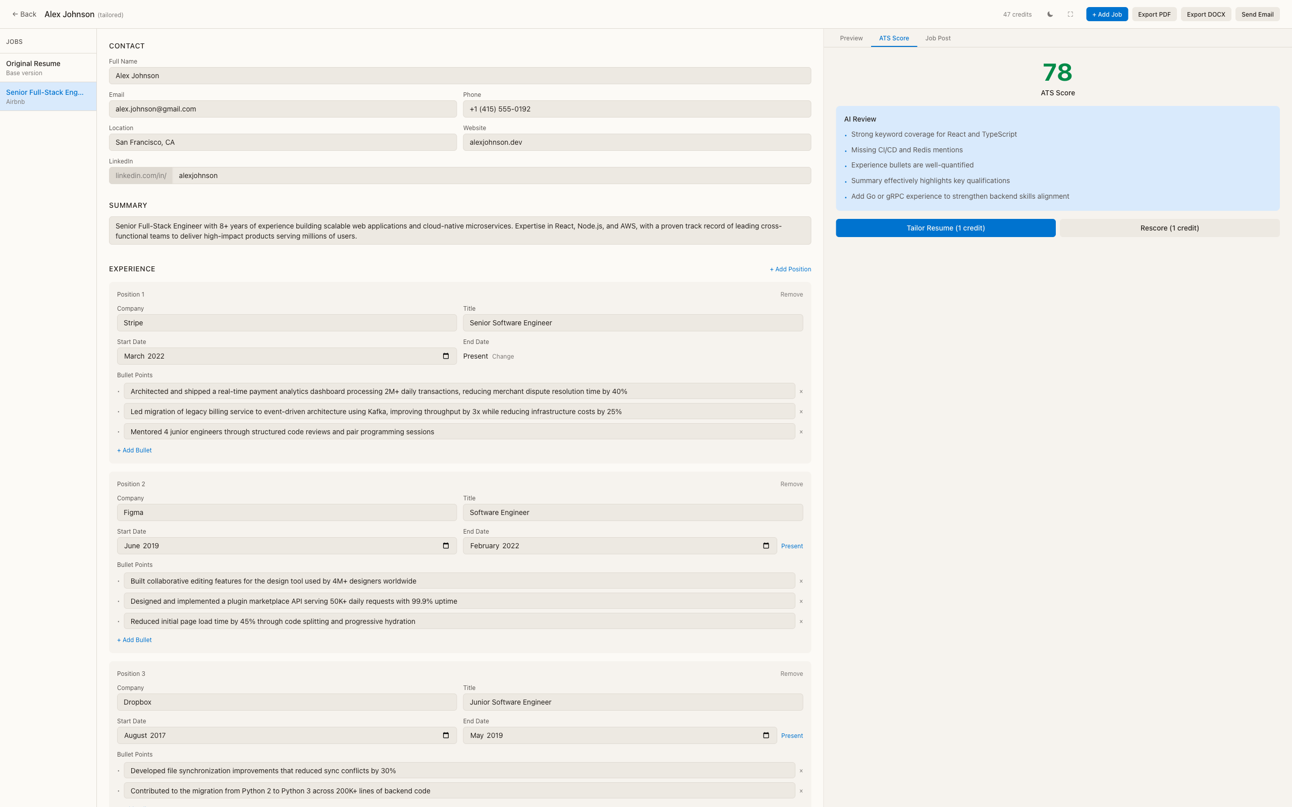 ATS scoring with keyword analysis and AI review