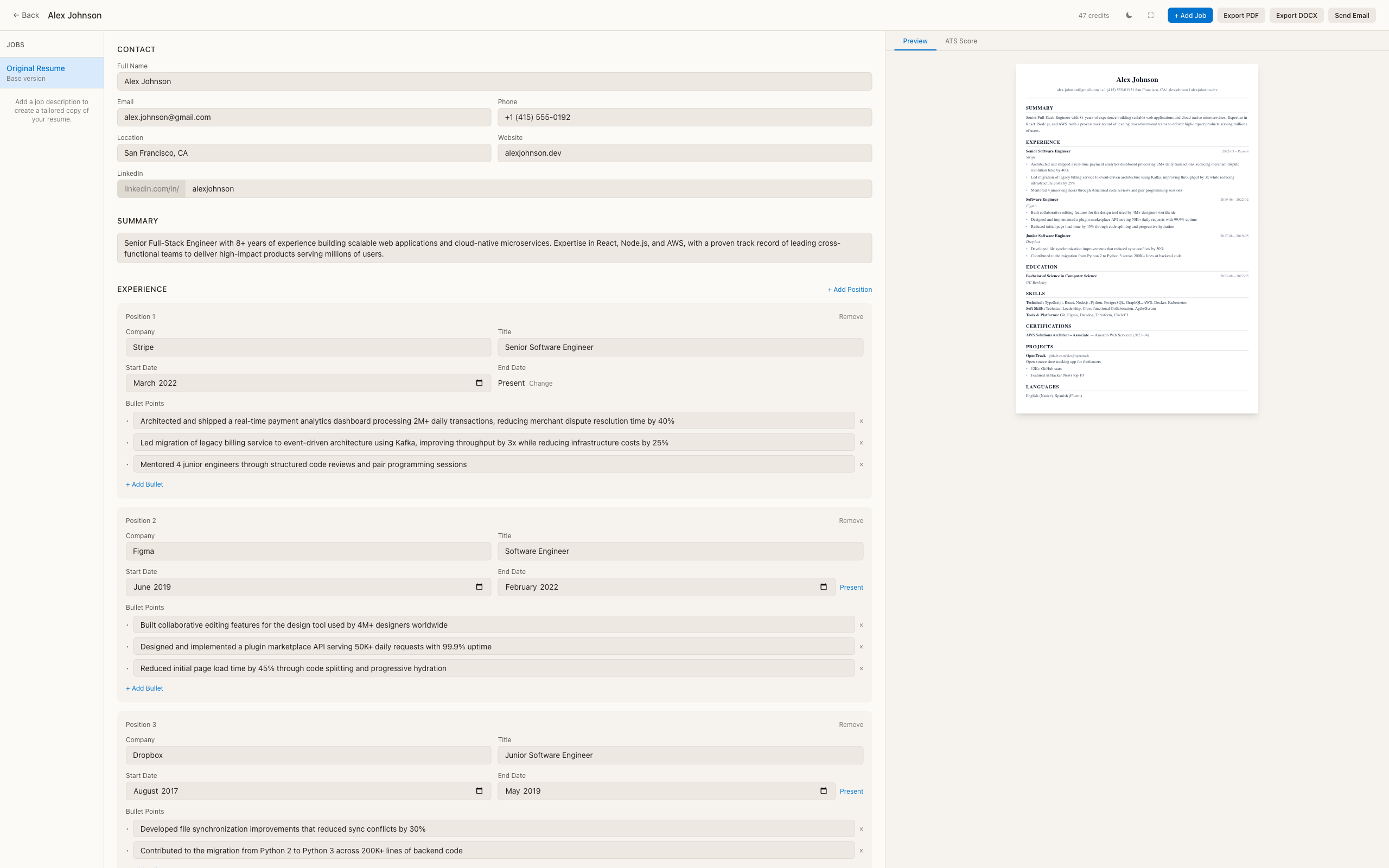 Resumi editor with live preview